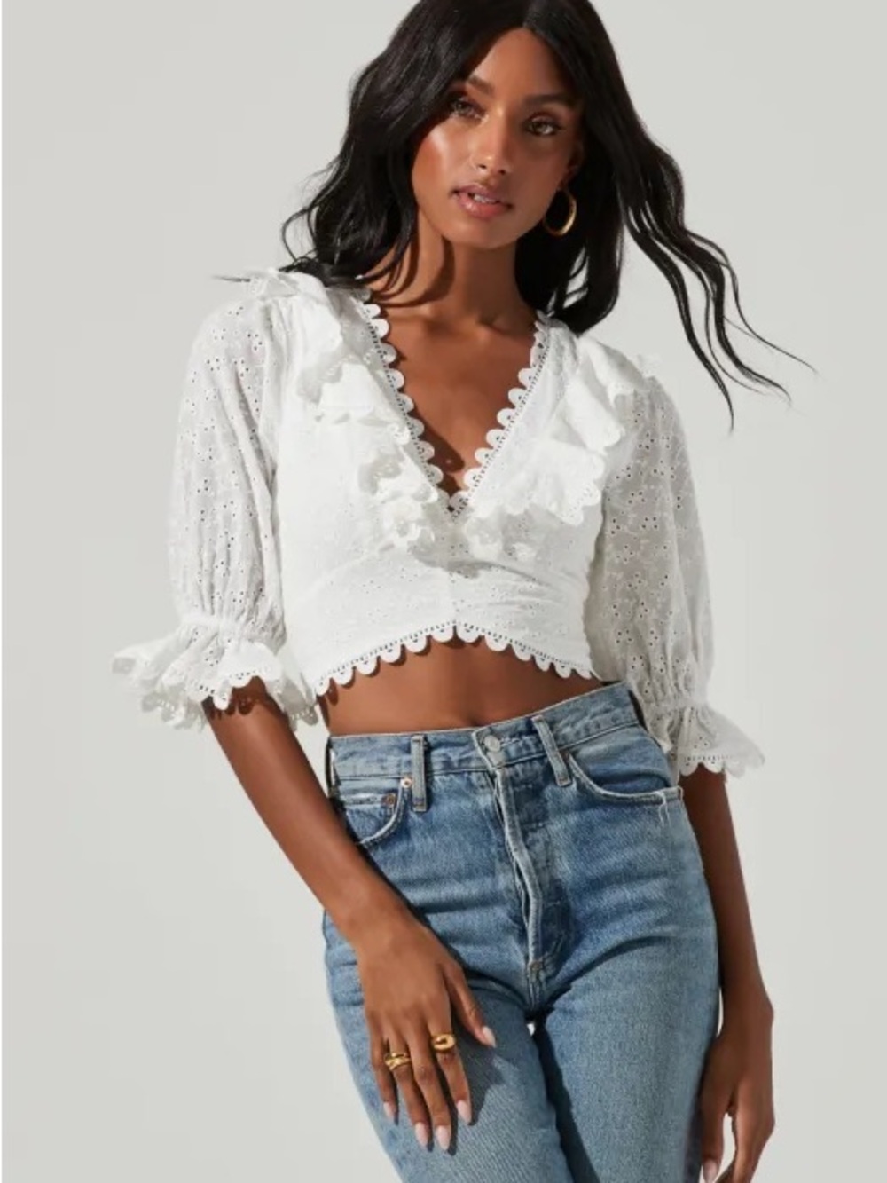 ASTR The Label White Eyelet Lace Up Back Top Cottagecore Peasant Size Medium